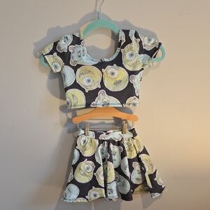 Girls Two-Piece Crop Top and Skirt Set in Black with Mint & Lemon Monster Print